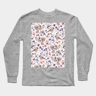 Chickadees and Wildflowers on cream Long Sleeve T-Shirt